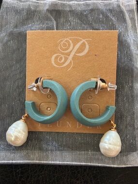 Plunder Seafoam Hoop Earrings with Faux Pearl Drops and Gold Tone Accents